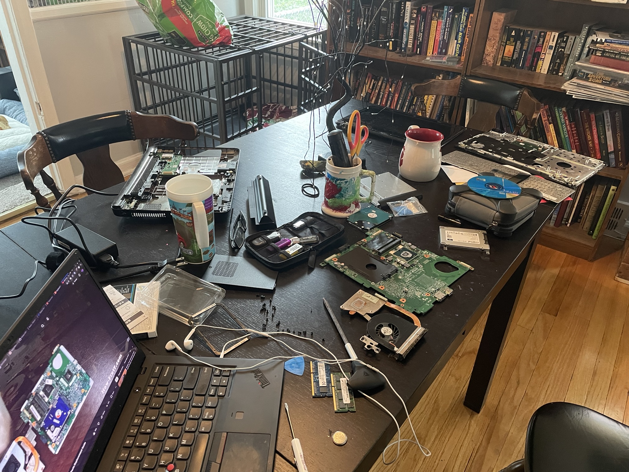 Computer parts strewn across a table